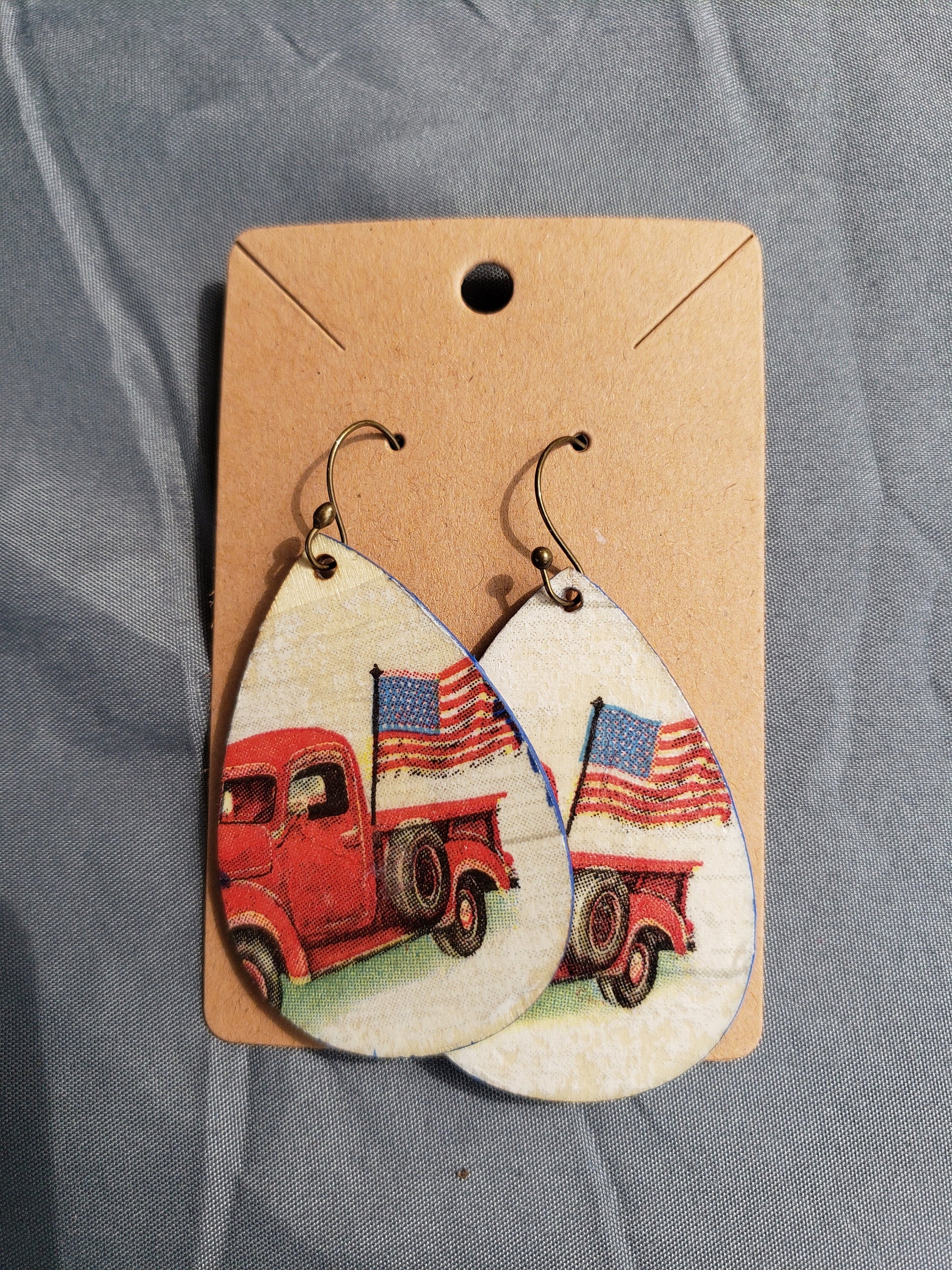 Vintage Red Truck with American Flag Earrings