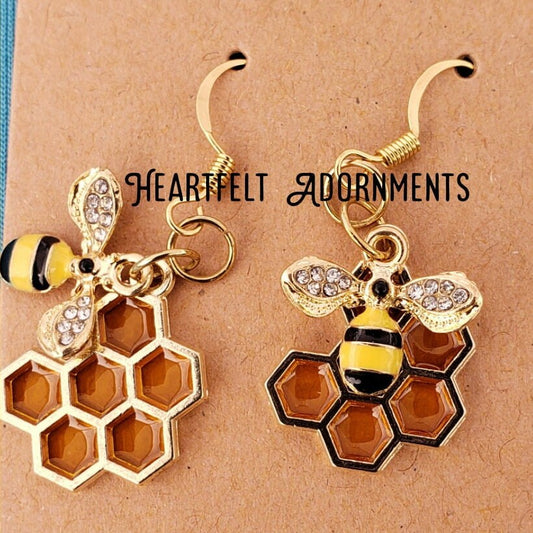 Cute Mini Bee with Rhinestones on wings and honeycomb Dangles