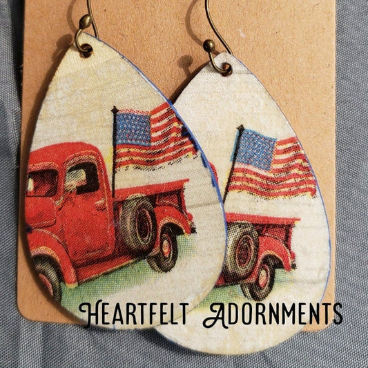 Vintage Red Truck with American Flag Earrings